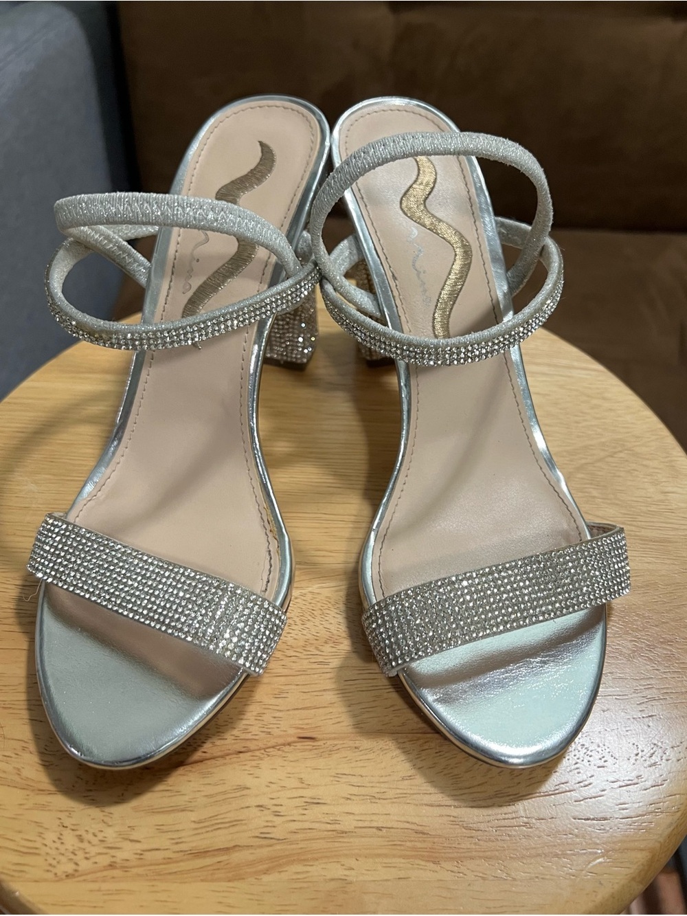 Nina Sanchia Crystal Silver Slingback Heels w Rhinestones. Open Toe block heels.